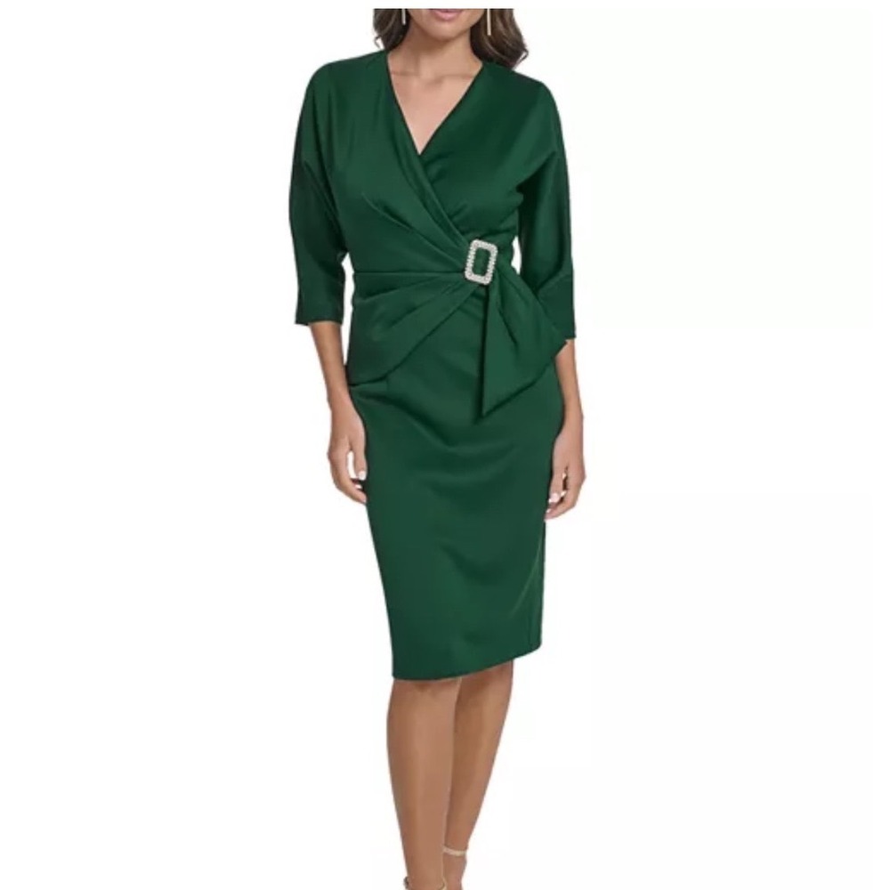 Eliza J Hunter Green Rhinestone Buckle Faux Wrap Sheath Dress Size 4 NWT